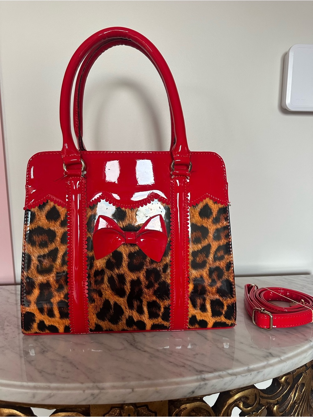Banned Retro Red Patent Leopard Bow Satchel Handbag